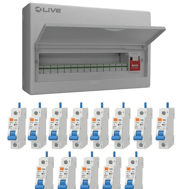 Live Electrical 18-way metal consumer unit with lid open showing fitted SPD and main switch, displayed alongside thirteen individual RCBO circuit breakers