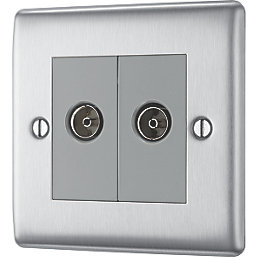 BG NBS61-01 Nexus Metal Brushed Steel, Double Co-Ax Aerial Socket for TV or FM