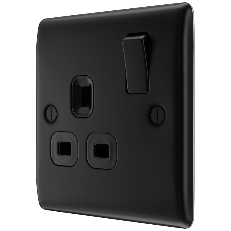 BG NFB21B-01 Nexus Metal Matt Black, 13A Single Switched Socket, Black Inserts