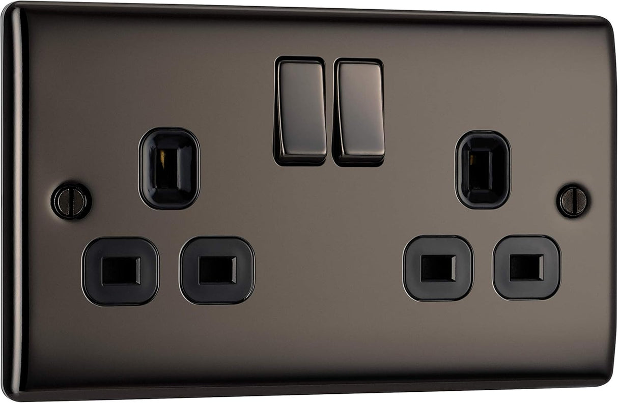 BG NBN22B Nexus Metal Black Nickel, 13A Double Switched Socket, Black Inserts
