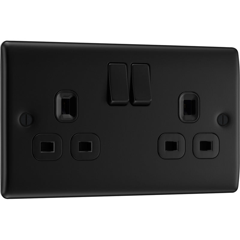 BG NFB22B-01 Nexus Metal Matt Black, 13A Double Switched Socket, Black Inserts