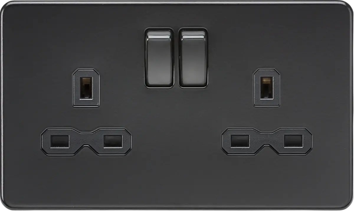 Knightsbridge 13A double switched socket in matt black finish with black rocker switches and twin earth terminals