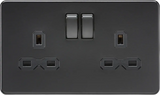 Knightsbridge 13A double switched socket in matt black finish with black rocker switches and twin earth terminals
