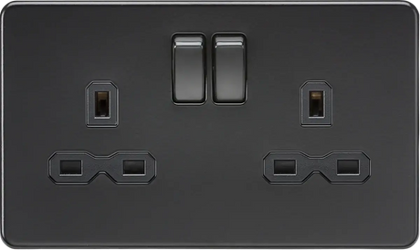 Knightsbridge 13A double switched socket in matt black finish with black rocker switches and twin earth terminals