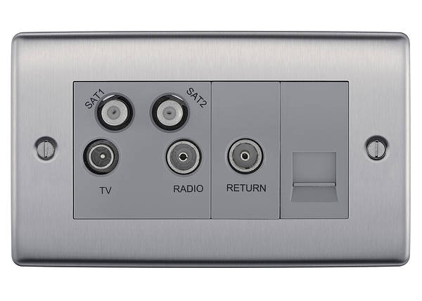 BG NBS69-01 Nexus Metal Brushed Steel, Screened Quadplex 2 x SAT/TV/FM Socket with Return and BT Outlet