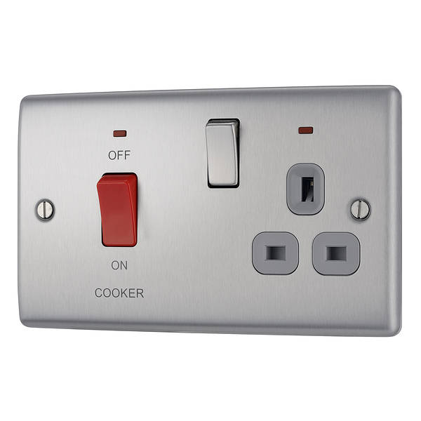 BG NBS70G-01 Nexus Metal, Brushed Steel, 45A Cooker Control Unit With 13A Socket And LED Indicators, Grey Inserts