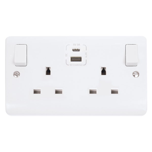 Click CMA786 Mode 2 Gang Double Pole 13A Switched Socket with Type A C USB White