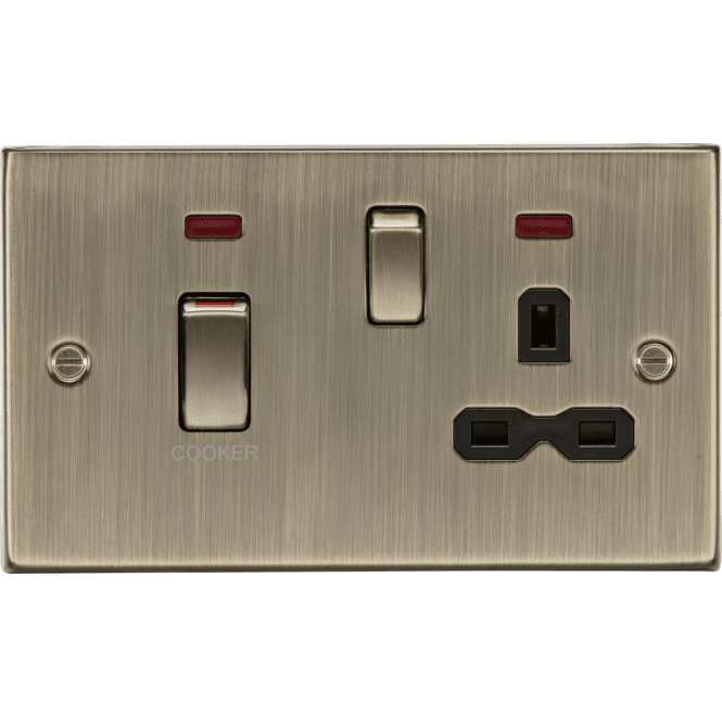 Knightsbridge 45A DP Switch & 13A Cooker Socket with Neons - Antique Brass with Black Insert CS83MNAB