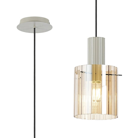 Aouchiche Single Pendant, 1 Light Adjustable E27, Beige Stone/Amber Wide Line Glass