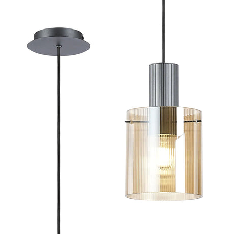 Aouchiche Single Pendant, 1 Light Adjustable E27, Dark Grey/Amber Narrow Line Glass