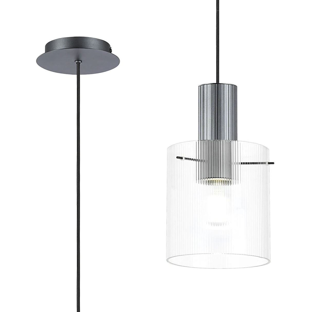 Aouchiche Single Pendant, 1 Light Adjustable E27, Dark Grey/Clear Narrow Line Glass