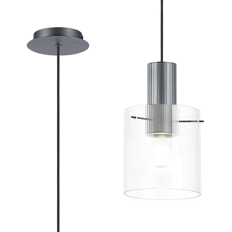 Aouchiche Single Pendant, 1 Light Adjustable E27, Dark Grey/Clear Narrow Line Glass