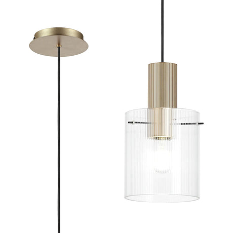 Aouchiche Single Pendant, 1 Light Adjustable E27, Light Gold/Clear Narrow Line Glass