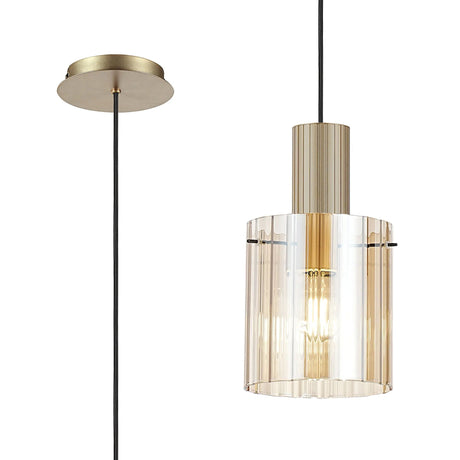 Aouchiche Single Pendant, 1 Light Adjustable E27, Light Gold/Amber Wide Line Glass