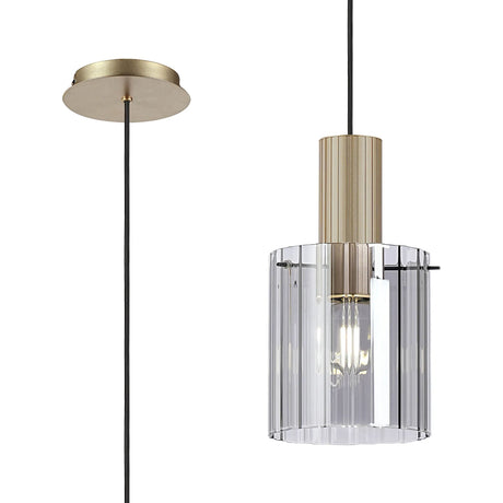 Aouchiche Single Pendant, 1 Light Adjustable E27, Light Gold/Smoke Wide Line Glass