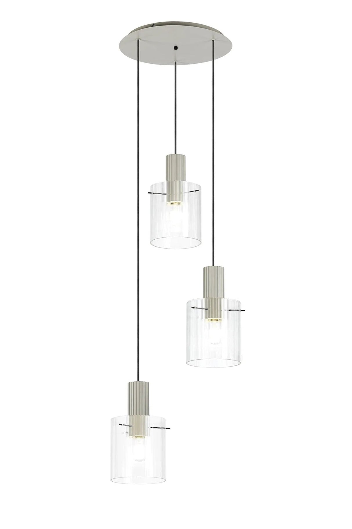Aouchiche Round Pendant, 3 Light Adjustable E27, Beige Stone/Clear Narrow Line Glass