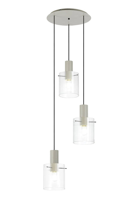 Aouchiche Round Pendant, 3 Light Adjustable E27, Beige Stone/Clear Narrow Line Glass