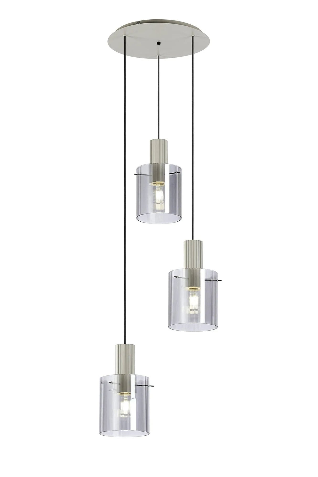 Aouchiche Round Pendant, 3 Light Adjustable E27, Beige Stone/Smoke Narrow Line Glass