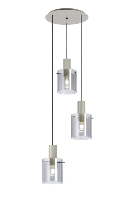 Aouchiche Round Pendant, 3 Light Adjustable E27, Beige Stone/Smoke Narrow Line Glass
