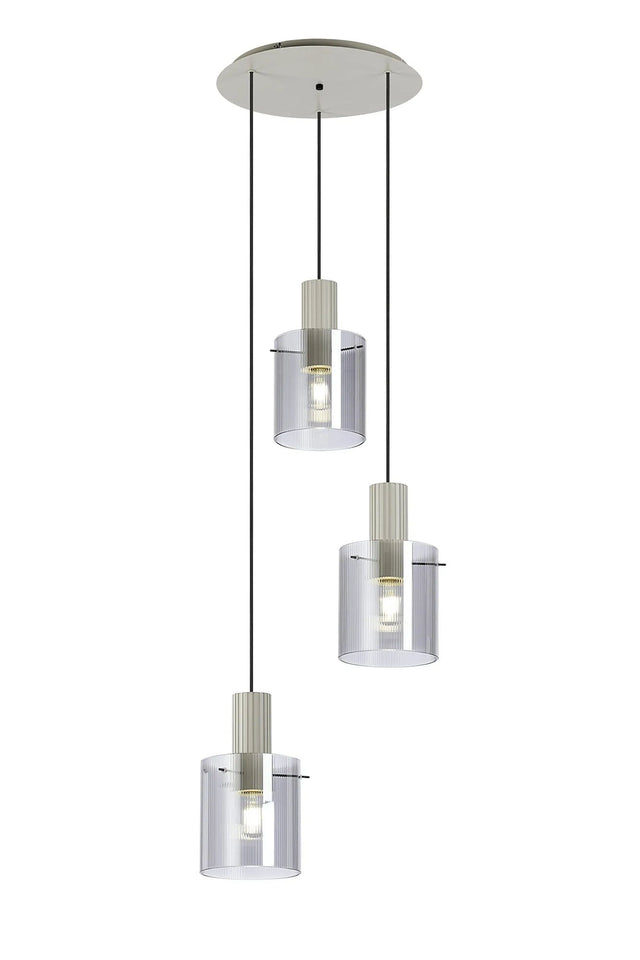 Aouchiche Round Pendant, 3 Light Adjustable E27, Beige Stone/Smoke Narrow Line Glass