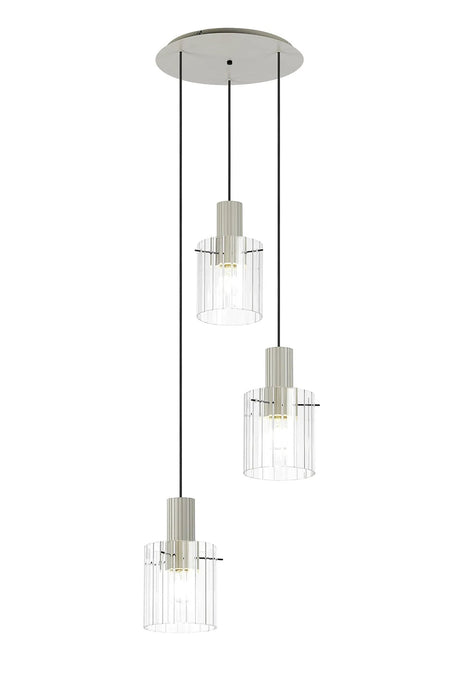 Aouchiche Round Pendant, 3 Light Adjustable E27, Beige Stone/Clear Wide Line Glass