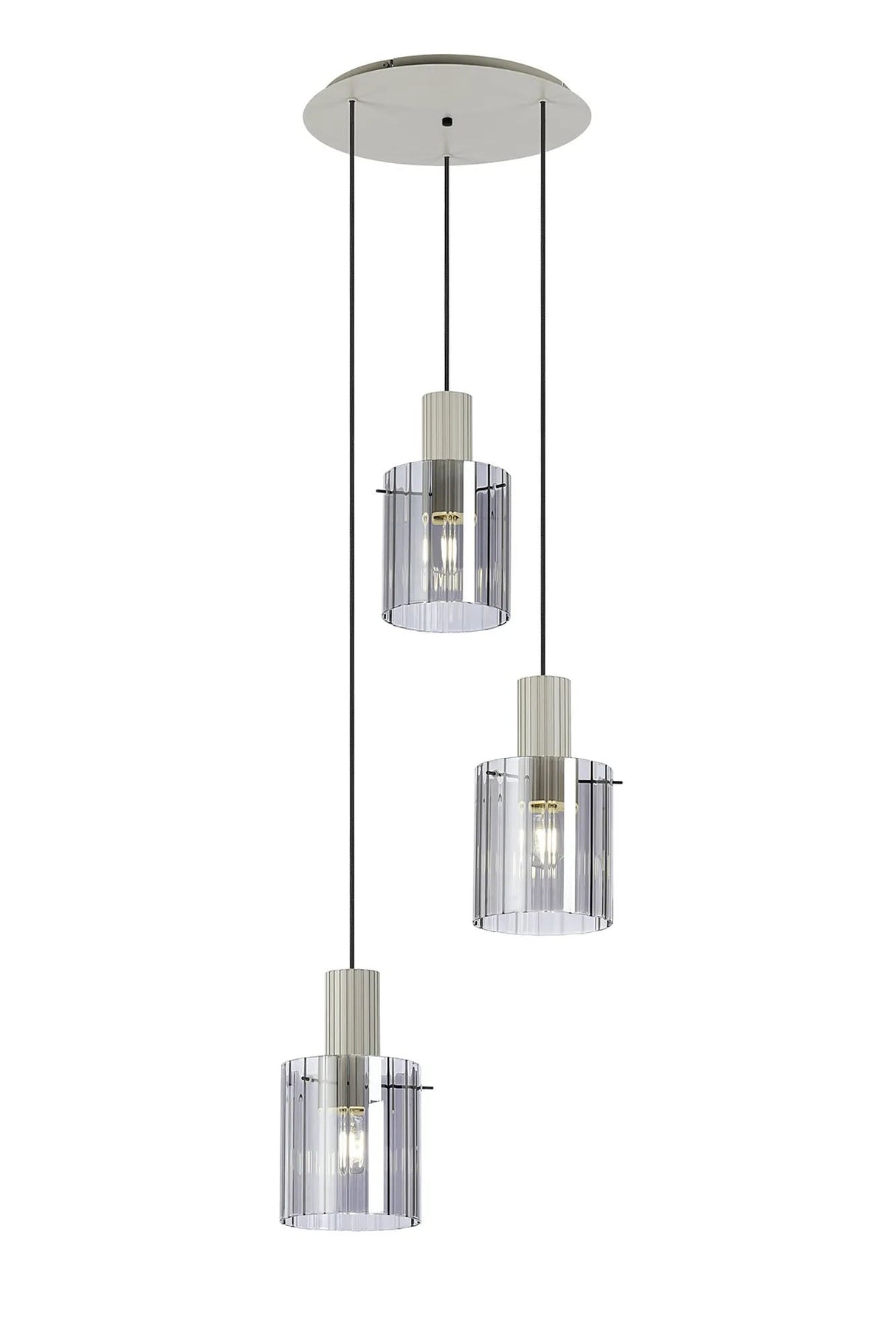 Aouchiche Round Pendant, 3 Light Adjustable E27, Beige Stone/Smoke Wide Line Glass