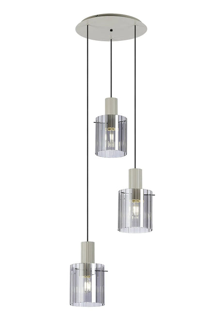 Aouchiche Round Pendant, 3 Light Adjustable E27, Beige Stone/Smoke Wide Line Glass