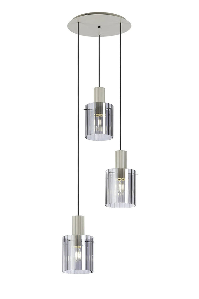 Aouchiche Round Pendant, 3 Light Adjustable E27, Beige Stone/Smoke Wide Line Glass