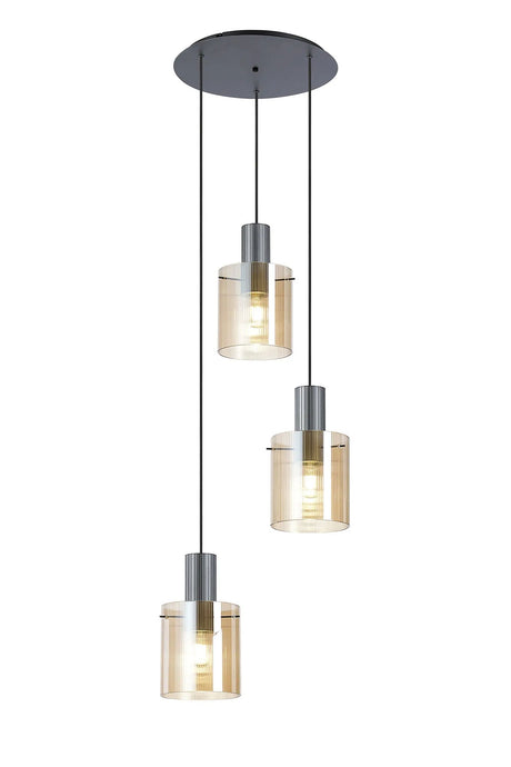 Aouchiche Round Pendant, 3 Light Adjustable E27, Dark Grey/Amber Narrow Line Glass