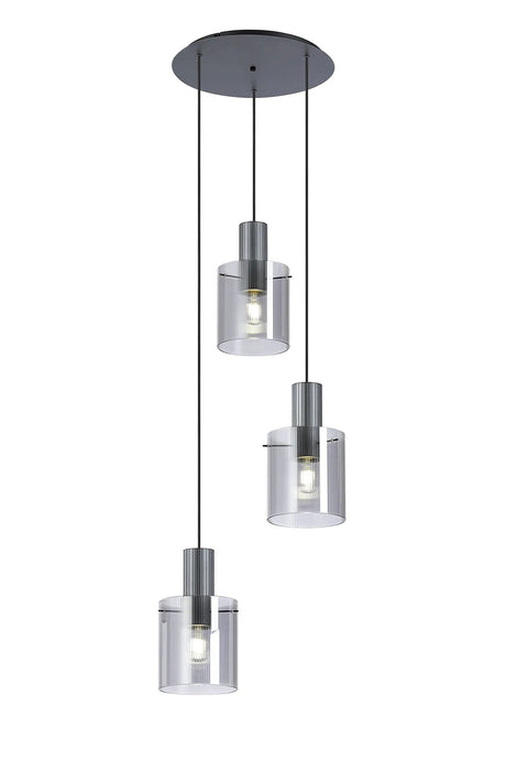 Aouchiche Round Pendant, 3 Light Adjustable E27, Dark Grey/Smoke Narrow Line Glass