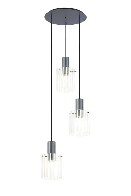 Aouchiche Round Pendant, 3 Light Adjustable E27, Dark Grey/Frosted/Clear Wide Line Glass