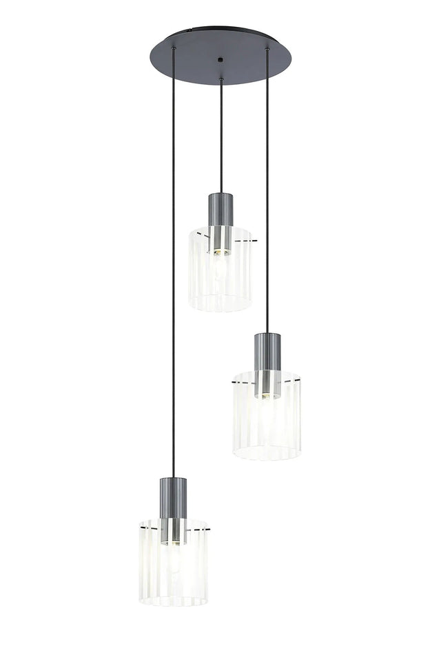 Aouchiche Round Pendant, 3 Light Adjustable E27, Dark Grey/Frosted/Clear Wide Line Glass