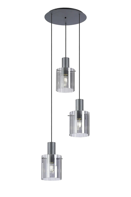 Aouchiche Round Pendant, 3 Light Adjustable E27, Dark Grey/Smoke Wide Line Glass