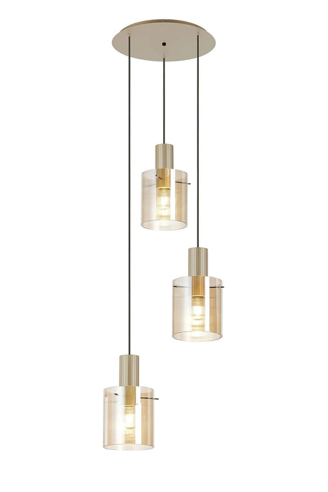 Aouchiche Round Pendant, 3 Light Adjustable E27, Light Gold/Amber Narrow Line Glass