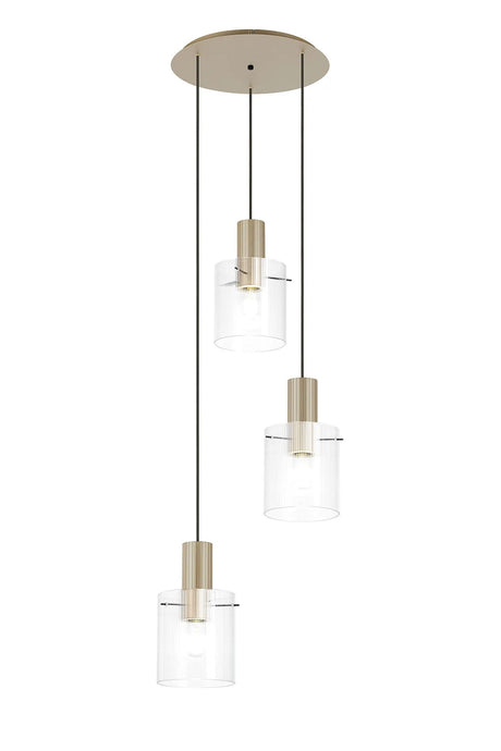 Aouchiche Round Pendant, 3 Light Adjustable E27, Light Gold/Clear Narrow Line Glass