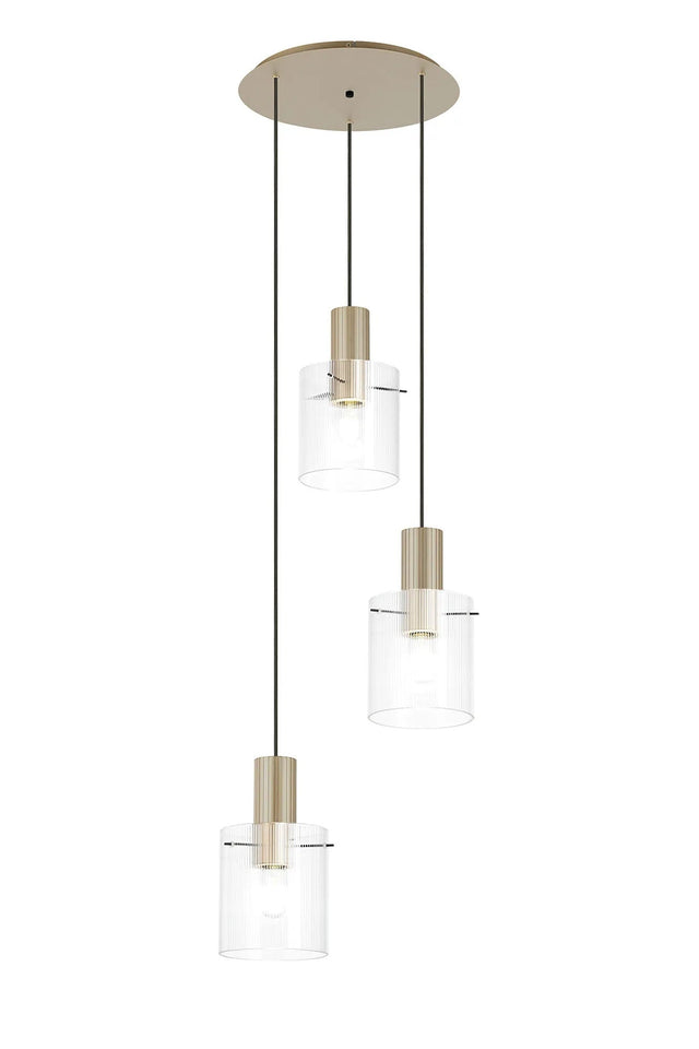 Aouchiche Round Pendant, 3 Light Adjustable E27, Light Gold/Clear Narrow Line Glass