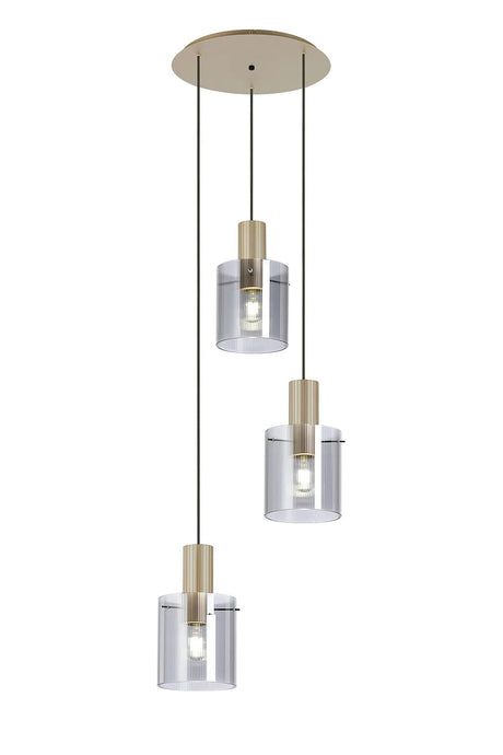 Aouchiche Round Pendant, 3 Light Adjustable E27, Light Gold/Smoke Narrow Line Glass