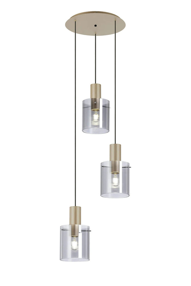Aouchiche Round Pendant, 3 Light Adjustable E27, Light Gold/Smoke Narrow Line Glass