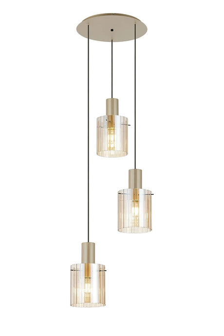 Aouchiche Round Pendant, 3 Light Adjustable E27, Light Gold/Amber Wide Line Glass