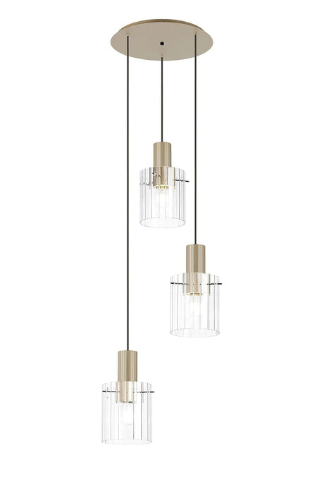 Aouchiche Round Pendant, 3 Light Adjustable E27, Light Gold/Clear Wide Line Glass