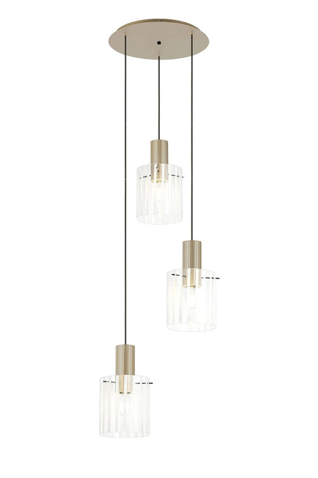 Aouchiche Round Pendant, 3 Light Adjustable E27, Light Gold/Frosted/Clear Wide Line Glass