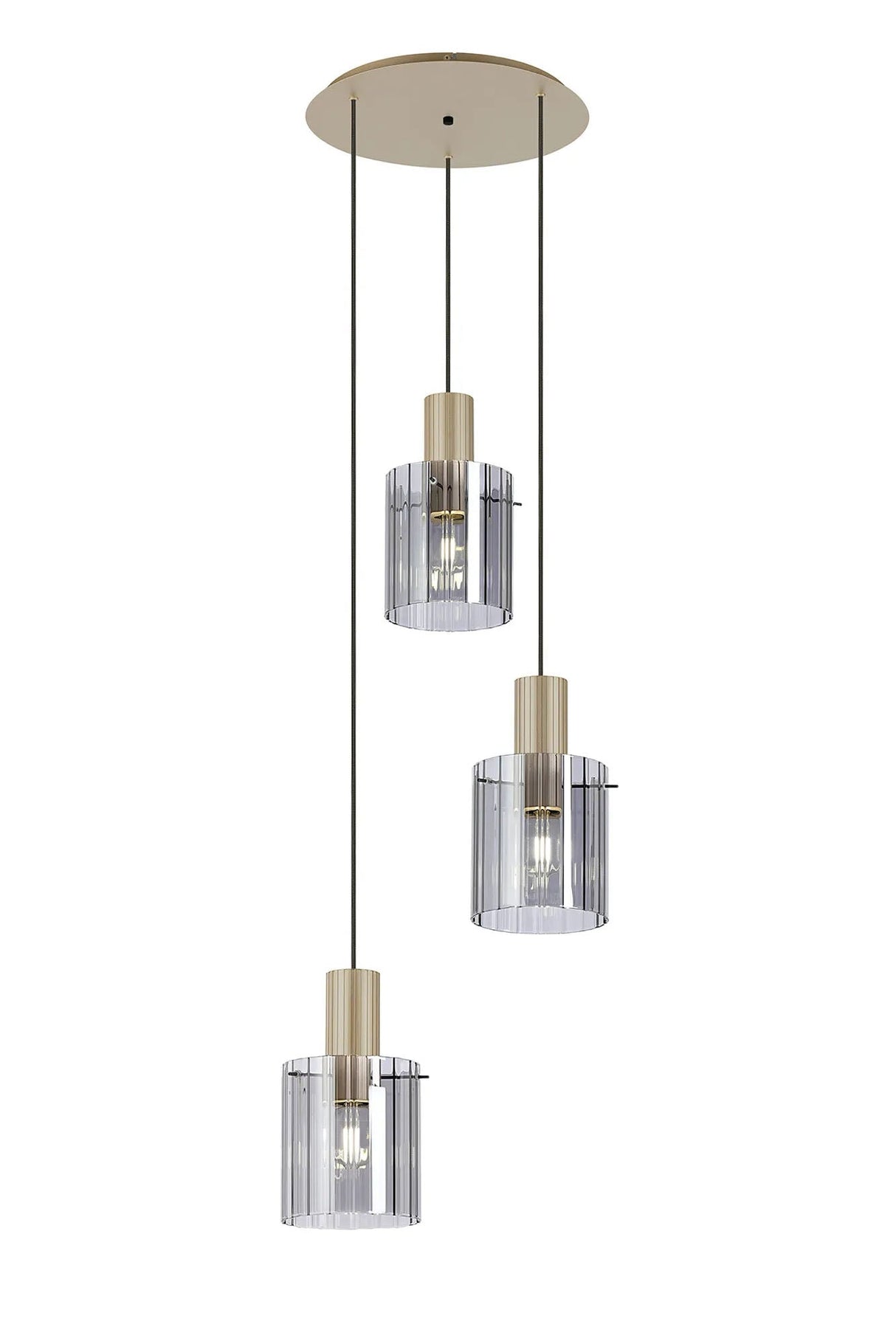 Aouchiche Round Pendant, 3 Light Adjustable E27, Light Gold/Smoke Wide Line Glass