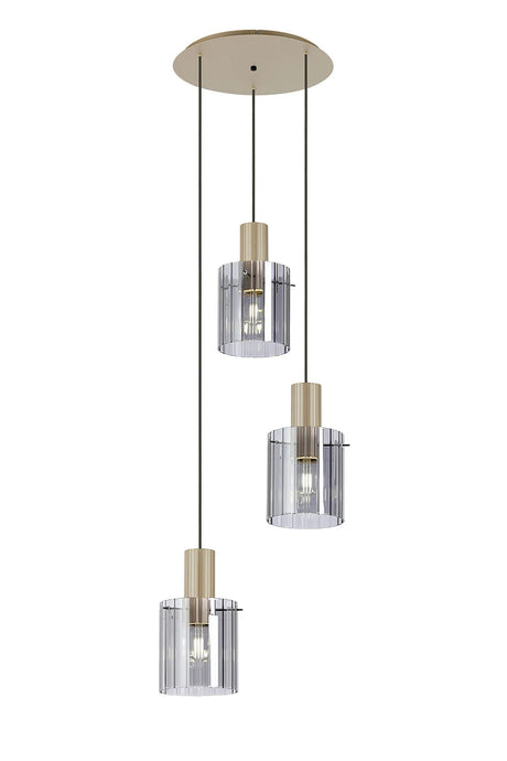 Aouchiche Round Pendant, 3 Light Adjustable E27, Light Gold/Smoke Wide Line Glass