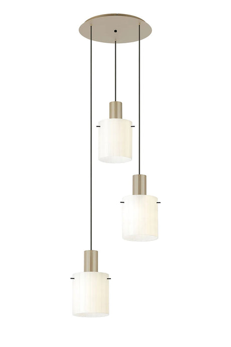 Aouchiche Round Pendant, 3 Light Adjustable E27, Light Gold/Gloss White Wide Line Glass