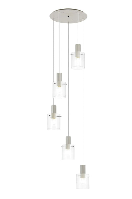Aouchiche Round Pendant, 5 Light Adjustable E27, Beige Stone/Clear Narrow Line Glass