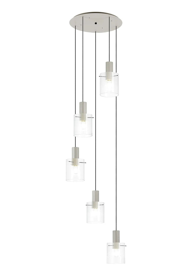Aouchiche Round Pendant, 5 Light Adjustable E27, Beige Stone/Clear Narrow Line Glass