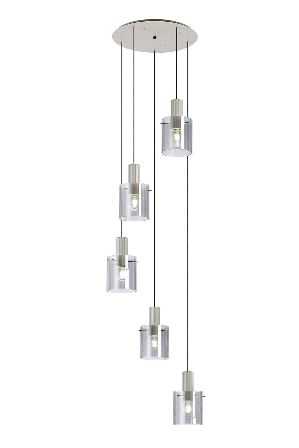 Aouchiche Round Pendant, 5 Light Adjustable E27, Beige Stone/Smoke Narrow Line Glass