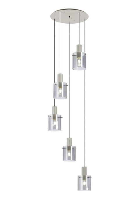 Aouchiche Round Pendant, 5 Light Adjustable E27, Beige Stone/Smoke Narrow Line Glass