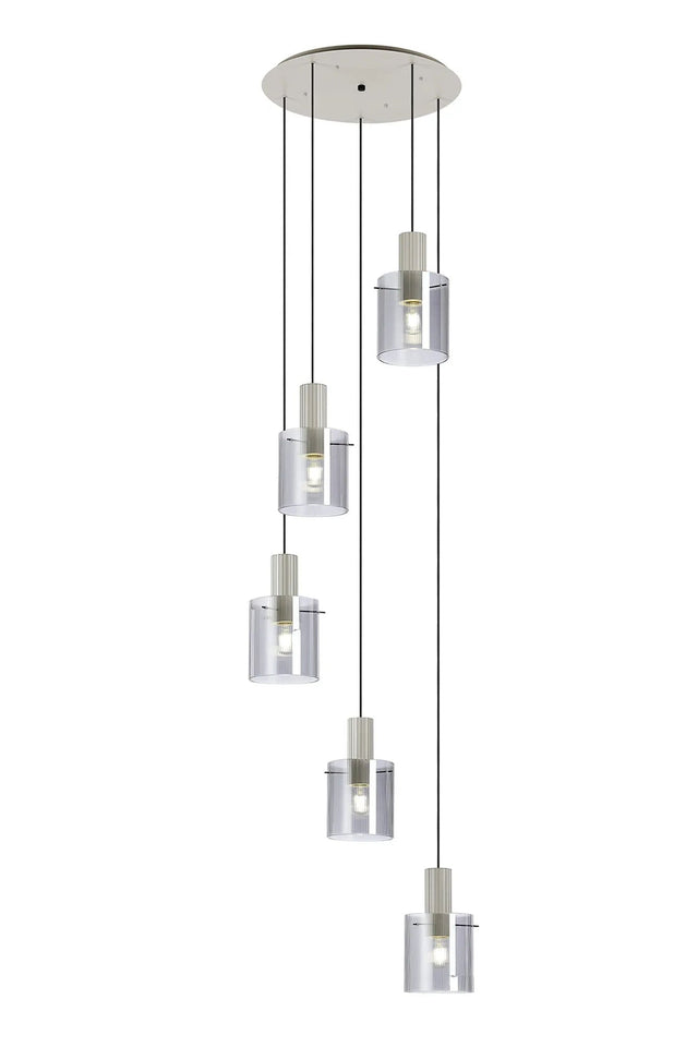 Aouchiche Round Pendant, 5 Light Adjustable E27, Beige Stone/Smoke Narrow Line Glass