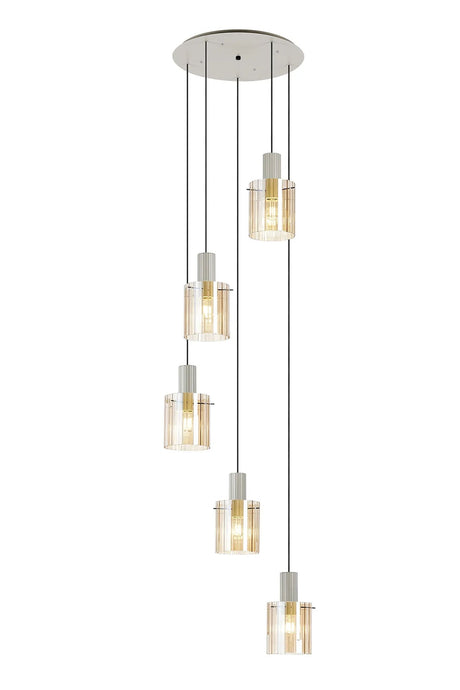 Aouchiche Round Pendant, 5 Light Adjustable E27, Beige Stone/Amber Wide Line Glass